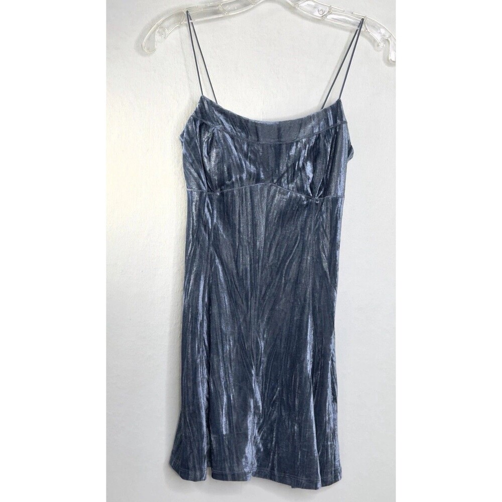 Whimsical Crushed Blue Velvet Slip Mini Spaghetti Straps Dress Sz.XS #45